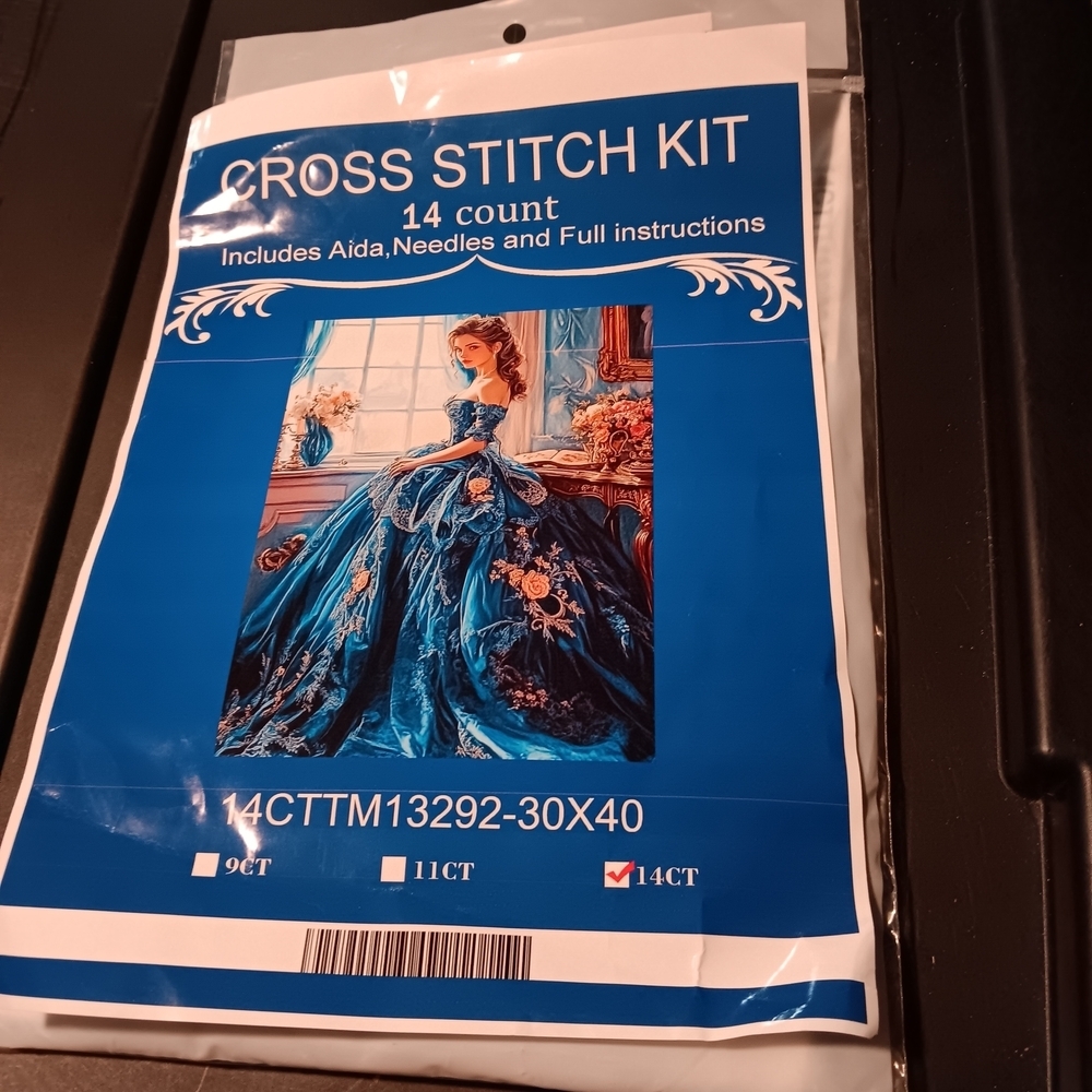 Cross Stitch Kit with Lady In Blue Dress Design 14 Count 30x40